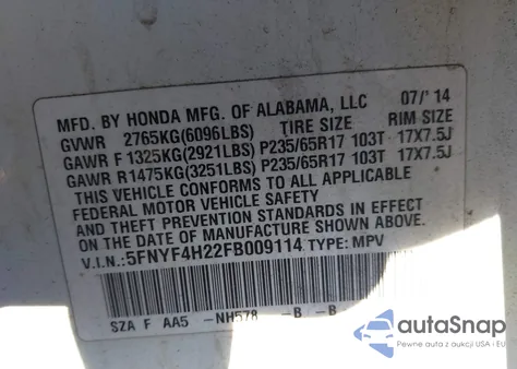 2015 Honda Pilot Lx из США, поврежденный, VIN 5FNYF4H22FB009114